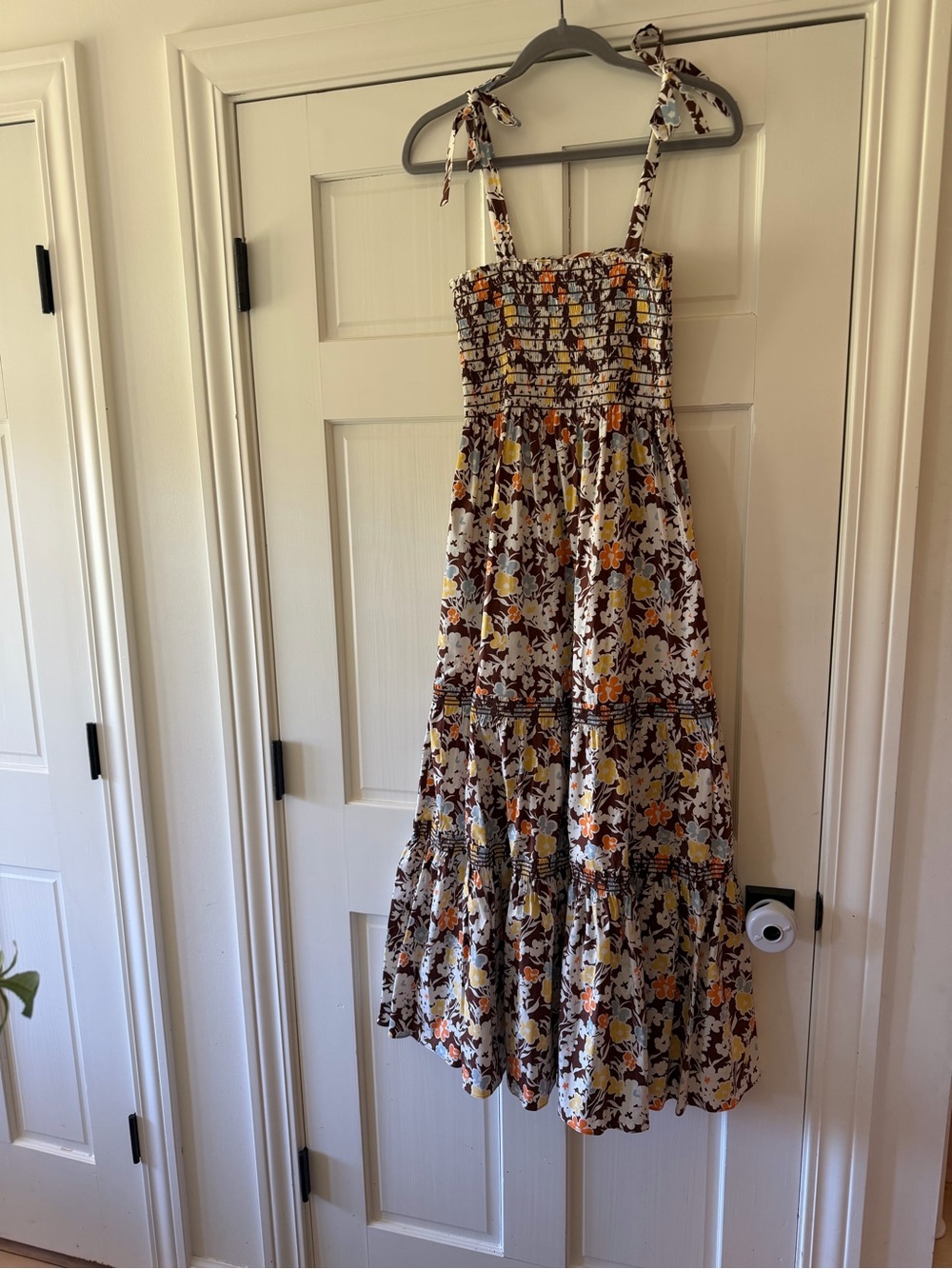 Tory Burch Floral Tiered Midi Dress in White, Brown, Yellow